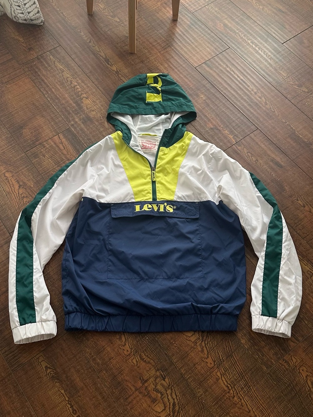 Levi's Navy White Green Yellow Colorblock Hooded Pullover Windbreaker.